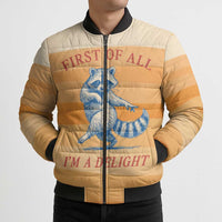 First Of All Raccoon Humor Bomber Puffer Jacket with Vintage Orange Stripes