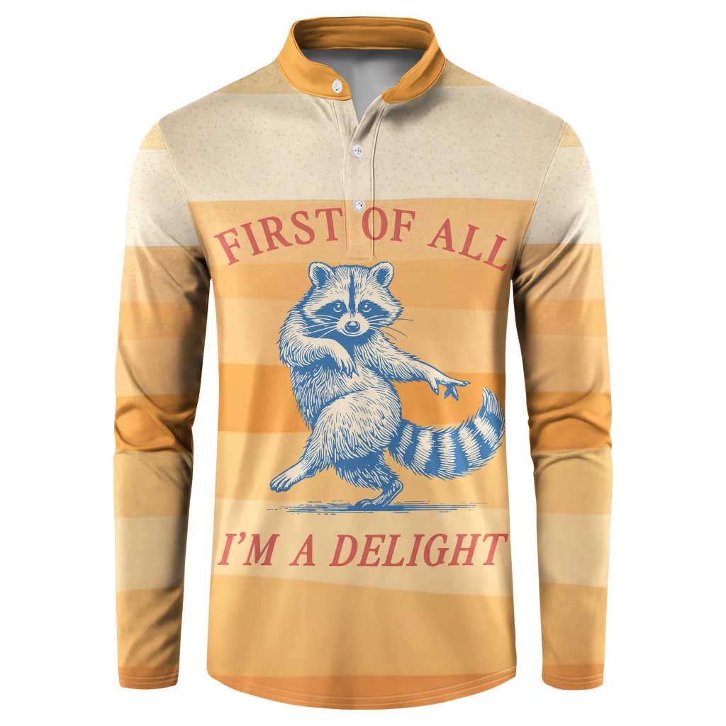 First Of All Raccoon Humor Button Sweatshirt with Vintage Orange Stripes