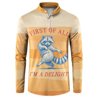 First Of All Raccoon Humor Button Sweatshirt with Vintage Orange Stripes