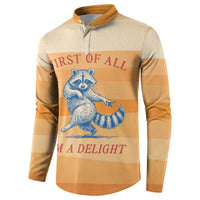 First Of All Raccoon Humor Button Sweatshirt with Vintage Orange Stripes