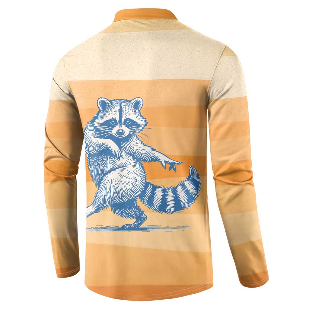 First Of All Raccoon Humor Button Sweatshirt with Vintage Orange Stripes