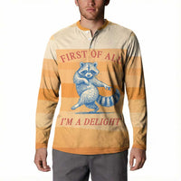 First Of All Raccoon Humor Button Sweatshirt with Vintage Orange Stripes