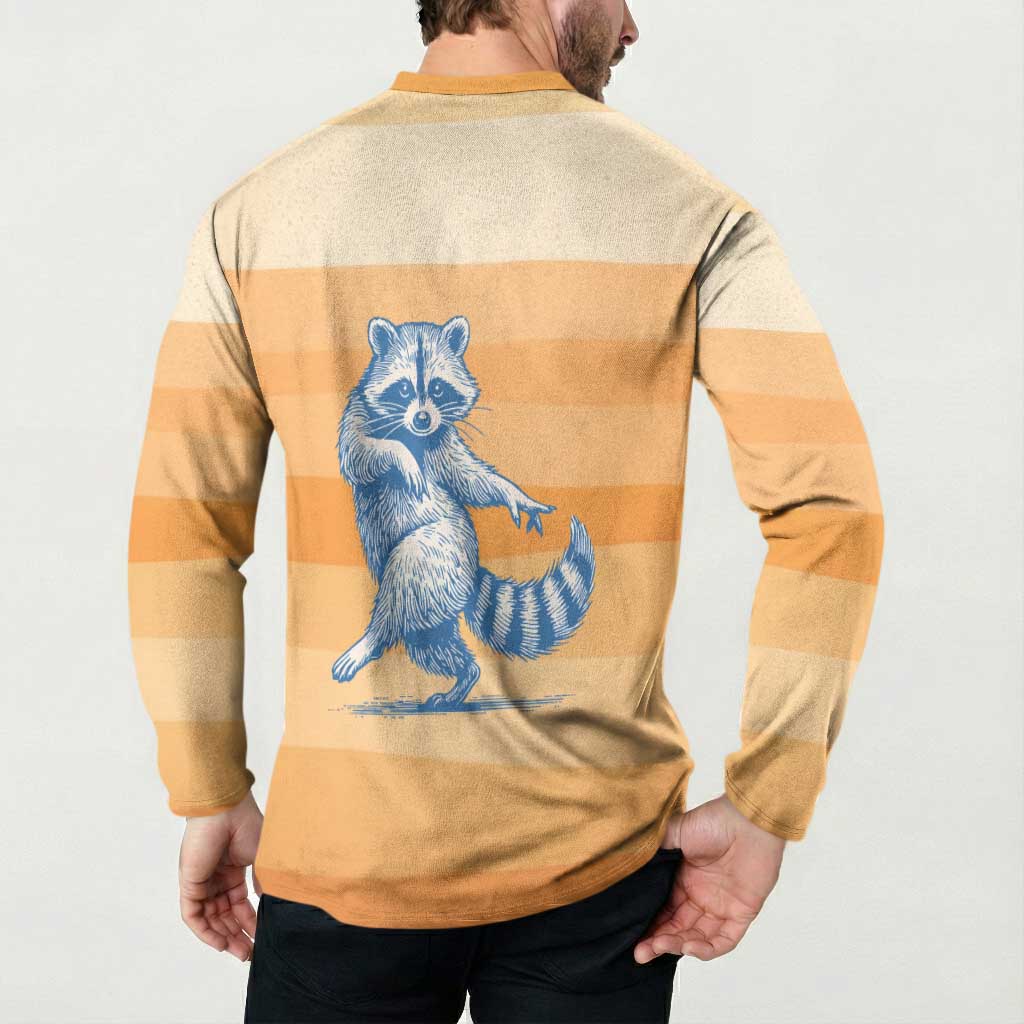First Of All Raccoon Humor Button Sweatshirt with Vintage Orange Stripes