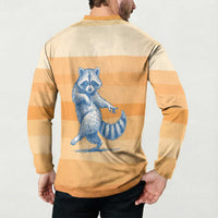 First Of All Raccoon Humor Button Sweatshirt with Vintage Orange Stripes