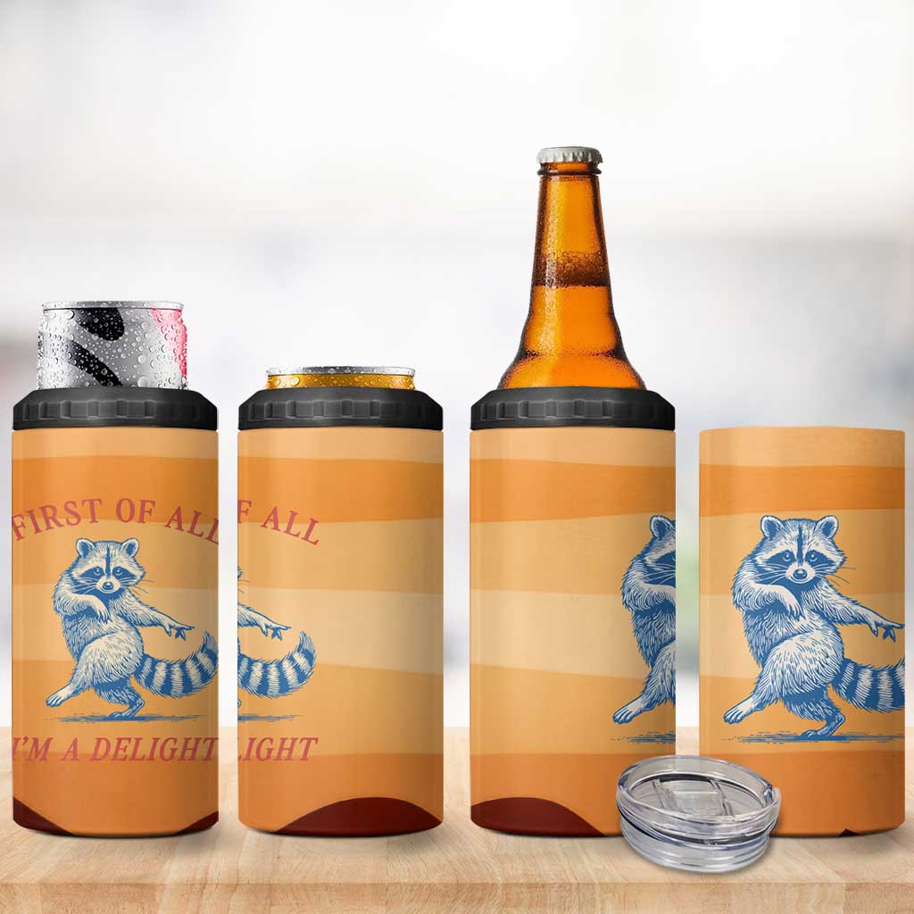 First Of All Raccoon Humor 4 in 1 Can Cooler Tumbler with Vintage Orange Stripes