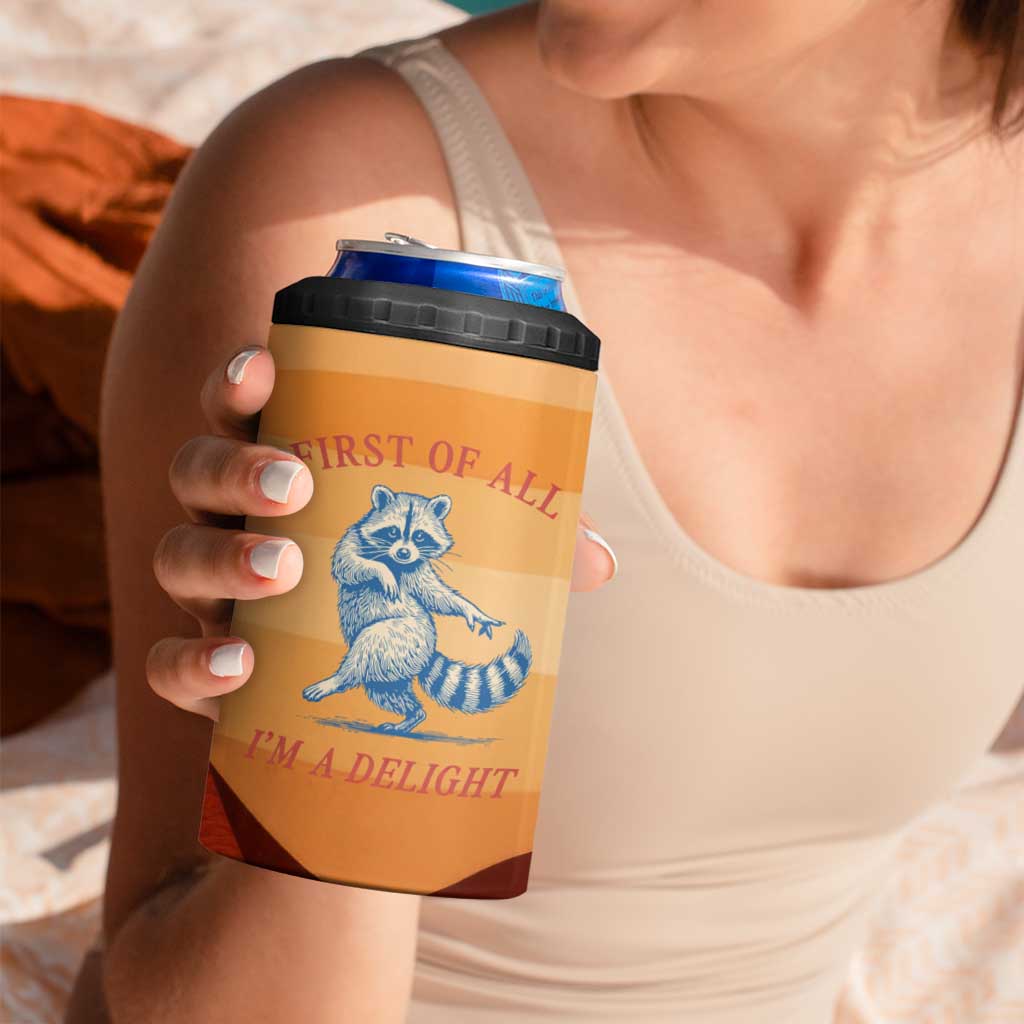 First Of All Raccoon Humor 4 in 1 Can Cooler Tumbler with Vintage Orange Stripes