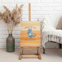 First Of All Raccoon Humor Canvas Wall Art with Vintage Orange Stripes