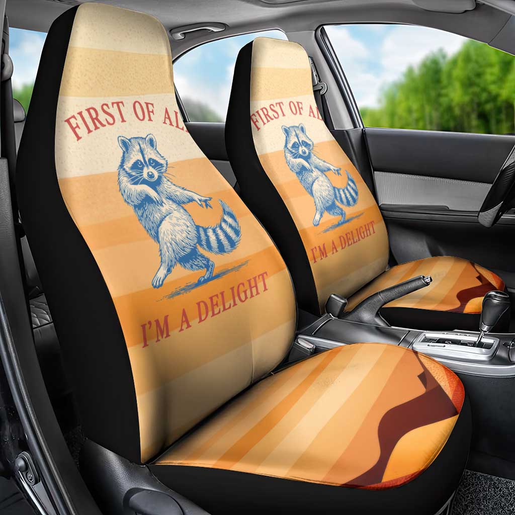 First Of All Raccoon Humor Car Seat Cover with Vintage Orange Stripes