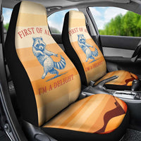First Of All Raccoon Humor Car Seat Cover with Vintage Orange Stripes