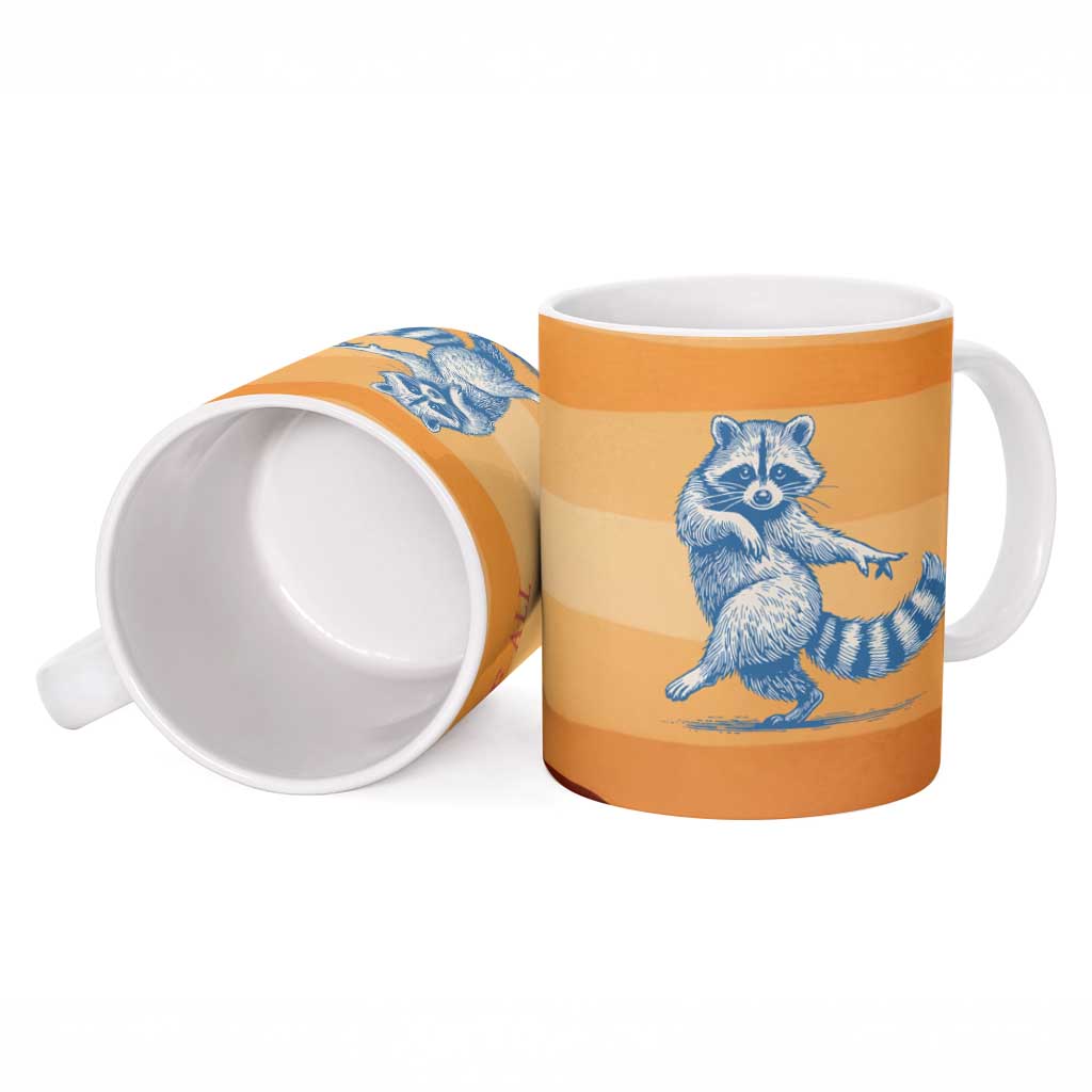 First Of All Raccoon Humor Ceramic Mug with Vintage Orange Stripes