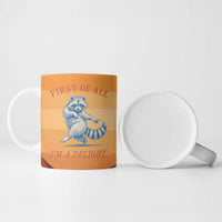 First Of All Raccoon Humor Ceramic Mug with Vintage Orange Stripes