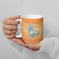 First Of All Raccoon Humor Ceramic Mug with Vintage Orange Stripes