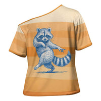 First Of All Raccoon Humor Cross Shoulder Shirt with Vintage Orange Stripes