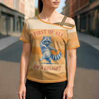 First Of All Raccoon Humor Cross Shoulder Shirt with Vintage Orange Stripes