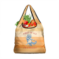 First Of All Raccoon Humor Grocery Bag with Vintage Orange Stripes