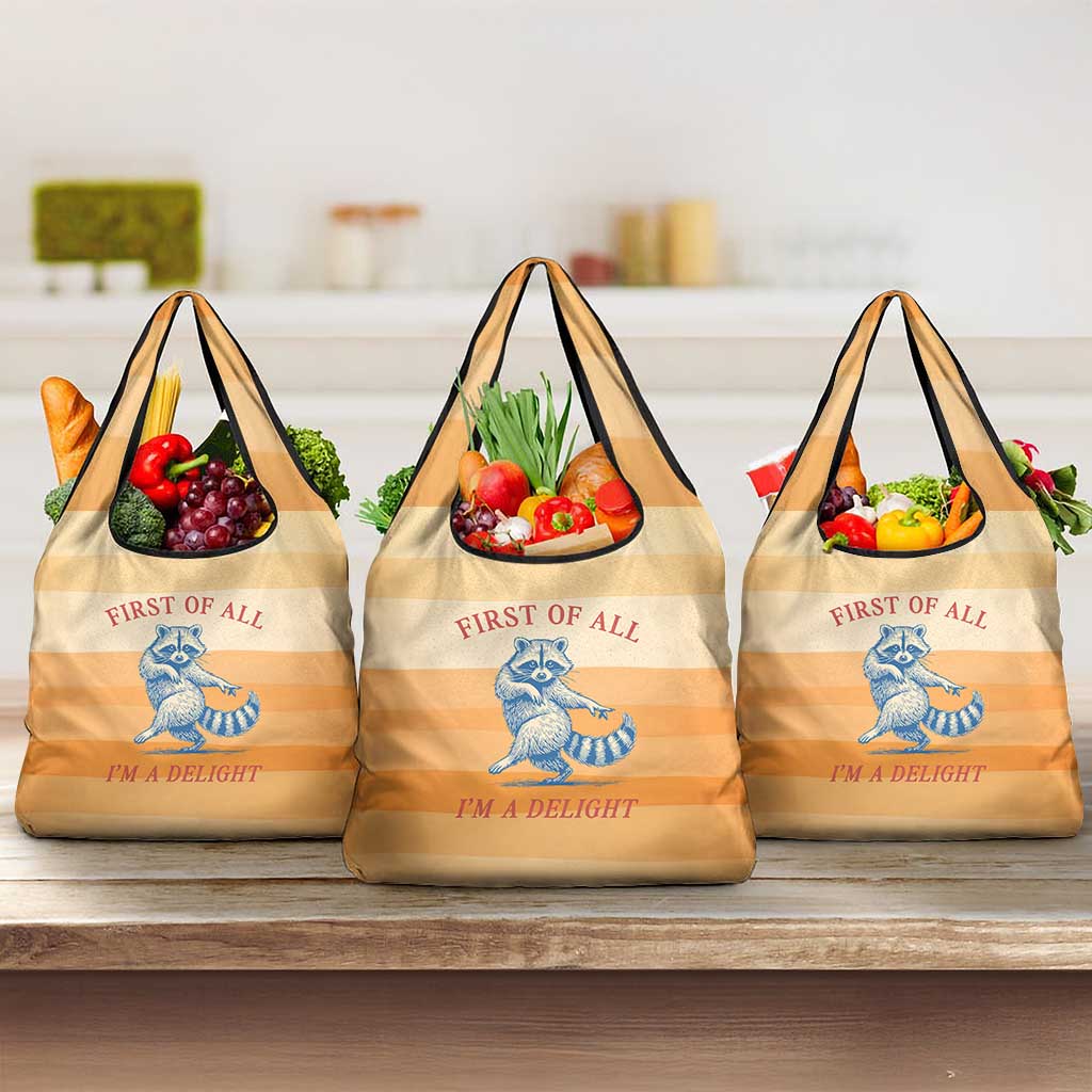First Of All Raccoon Humor Grocery Bag with Vintage Orange Stripes