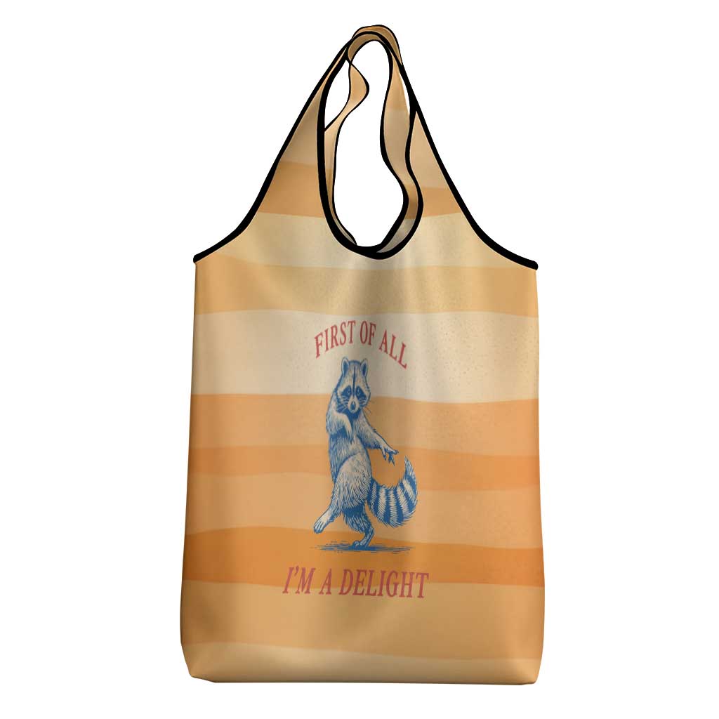 First Of All Raccoon Humor Grocery Bag with Vintage Orange Stripes
