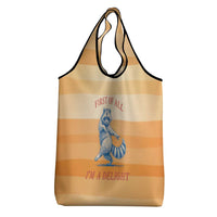 First Of All Raccoon Humor Grocery Bag with Vintage Orange Stripes