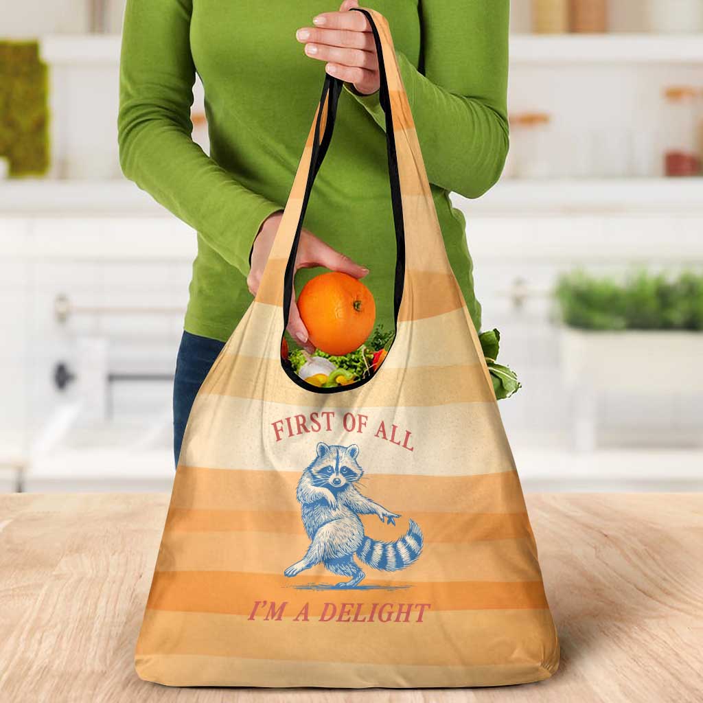 First Of All Raccoon Humor Grocery Bag with Vintage Orange Stripes