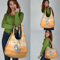 First Of All Raccoon Humor Grocery Bag with Vintage Orange Stripes