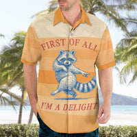 First Of All Raccoon Humor Hawaiian Shirt with Vintage Orange Stripes