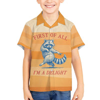 First Of All Raccoon Humor Hawaiian Shirt with Vintage Orange Stripes