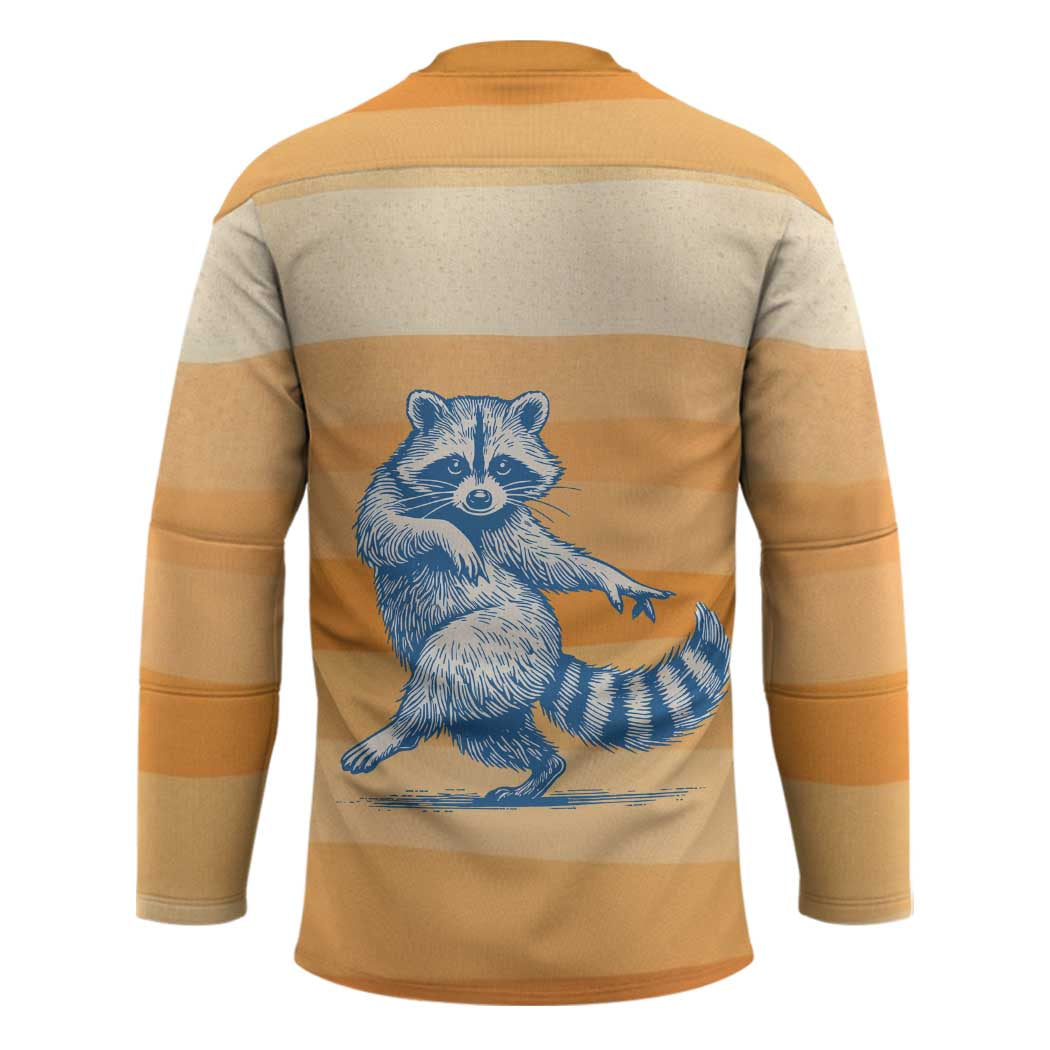 First Of All Raccoon Humor Hockey Jersey with Vintage Orange Stripes