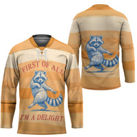 First Of All Raccoon Humor Hockey Jersey with Vintage Orange Stripes