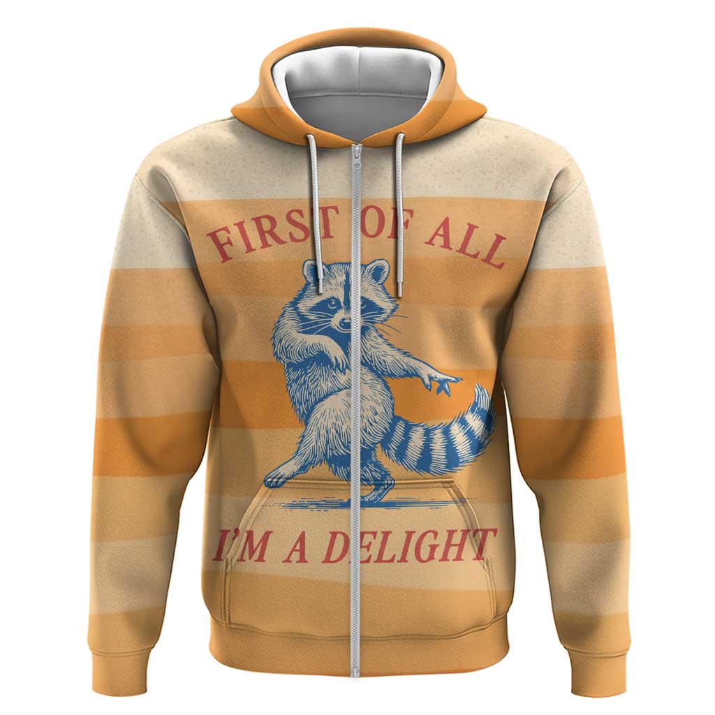 First Of All Raccoon Humor Hoodie with Vintage Orange Stripes