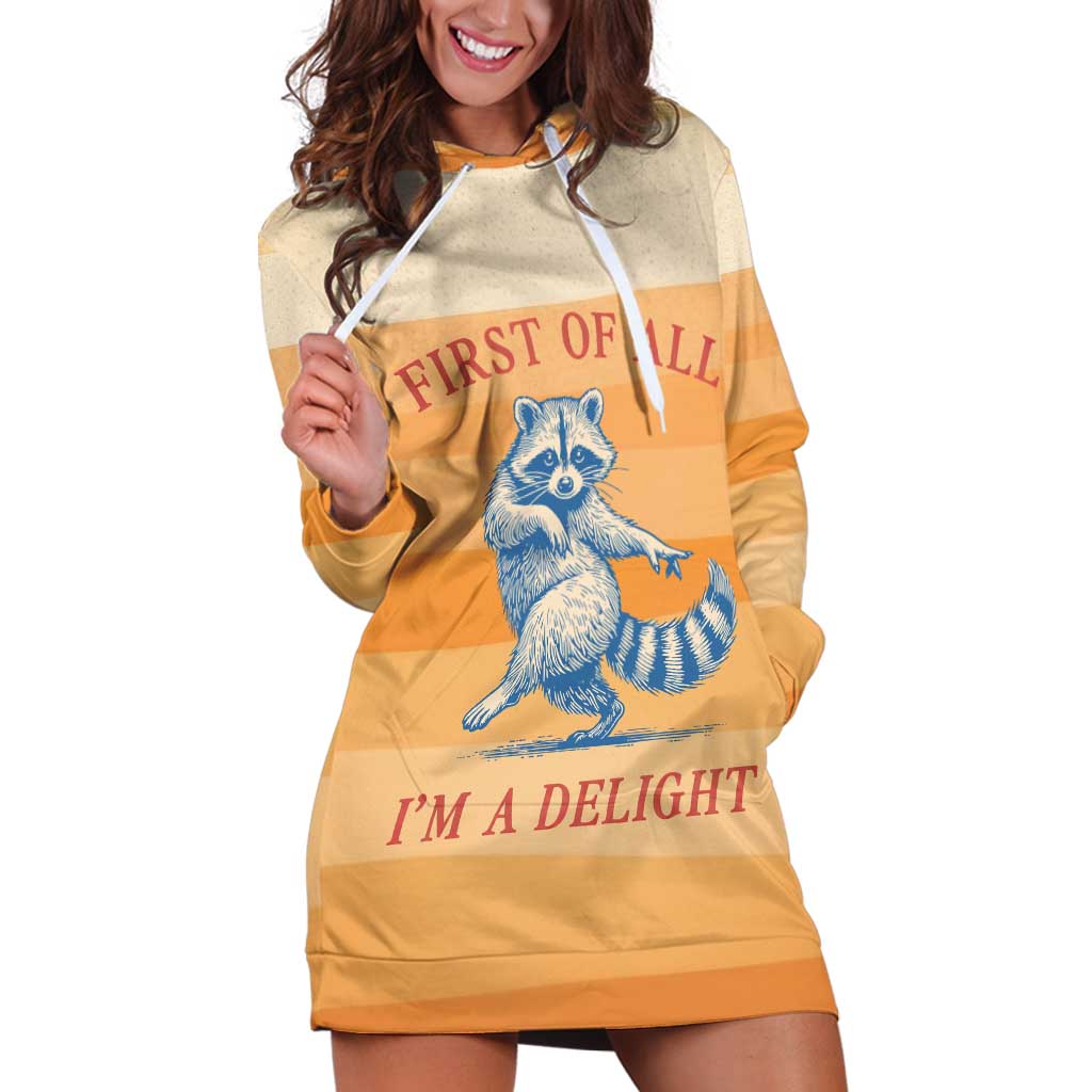 First Of All Raccoon Humor Hoodie Dress with Vintage Orange Stripes