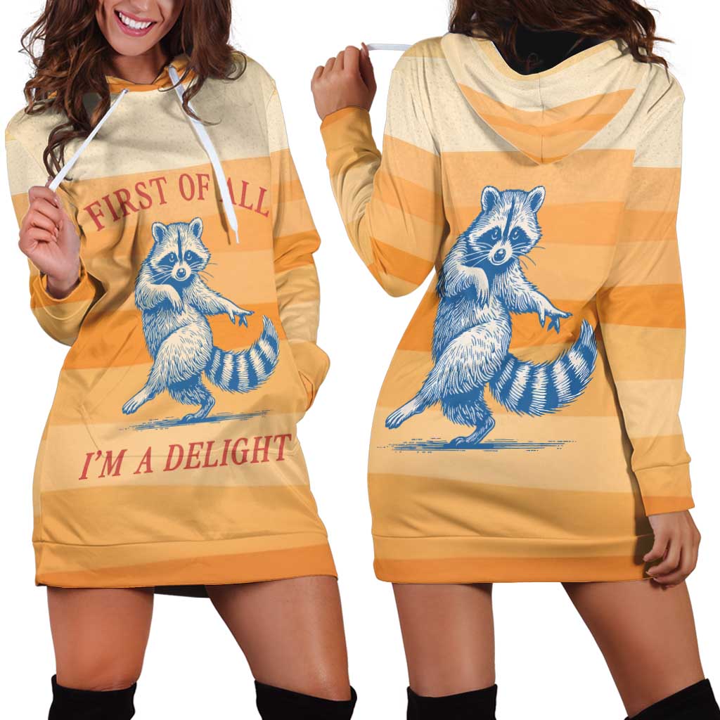 First Of All Raccoon Humor Hoodie Dress with Vintage Orange Stripes