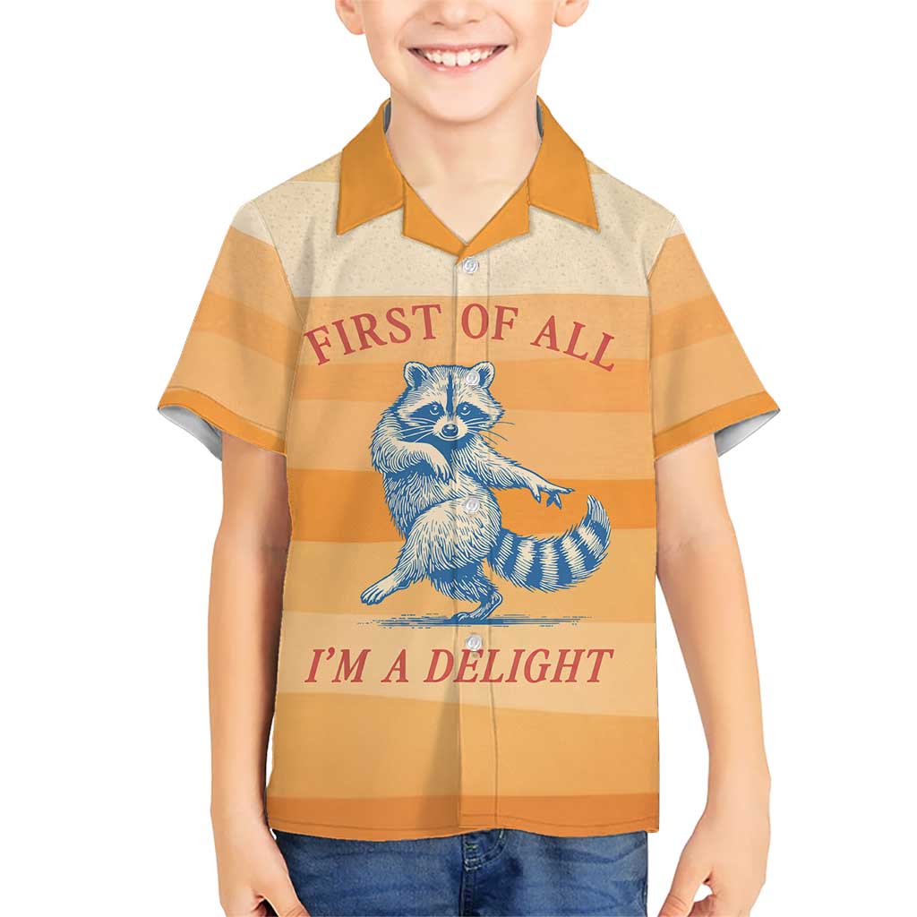 First Of All Raccoon Humor Kid Hawaiian Shirt with Vintage Orange Stripes