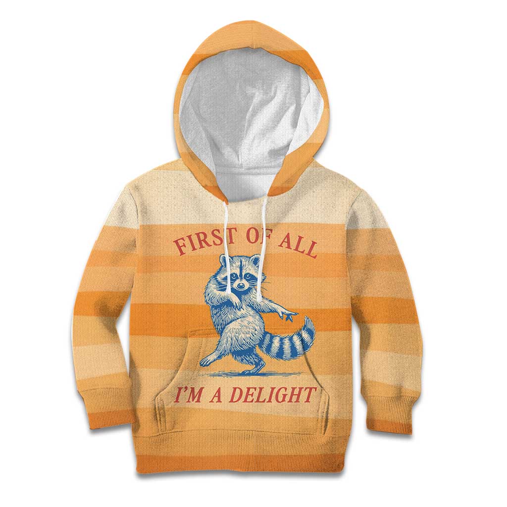 First Of All Raccoon Humor Kid Hoodie with Vintage Orange Stripes