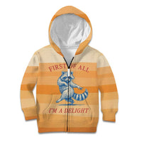 First Of All Raccoon Humor Kid Hoodie with Vintage Orange Stripes