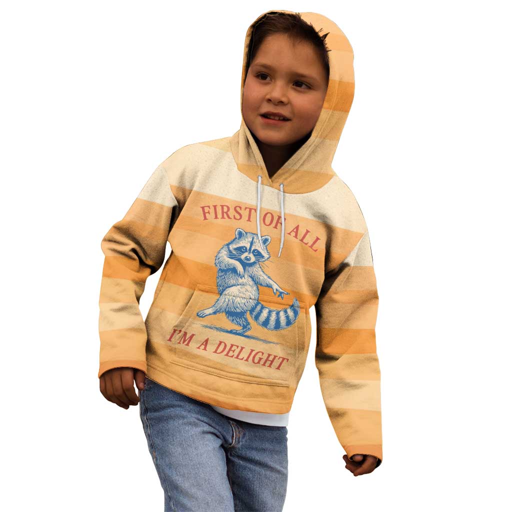 First Of All Raccoon Humor Kid Hoodie with Vintage Orange Stripes