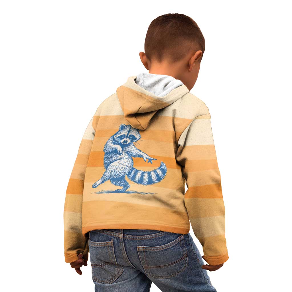 First Of All Raccoon Humor Kid Hoodie with Vintage Orange Stripes