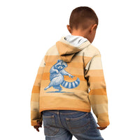 First Of All Raccoon Humor Kid Hoodie with Vintage Orange Stripes