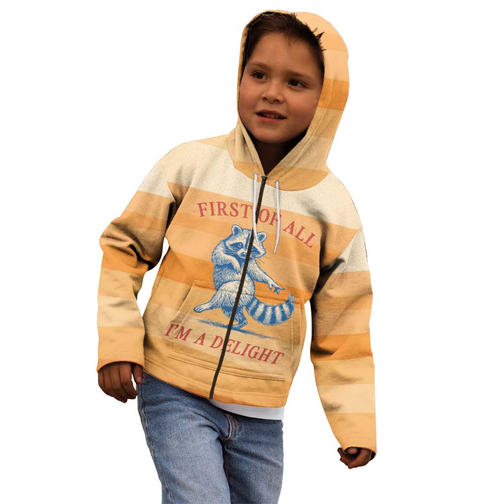 First Of All Raccoon Humor Kid Hoodie with Vintage Orange Stripes