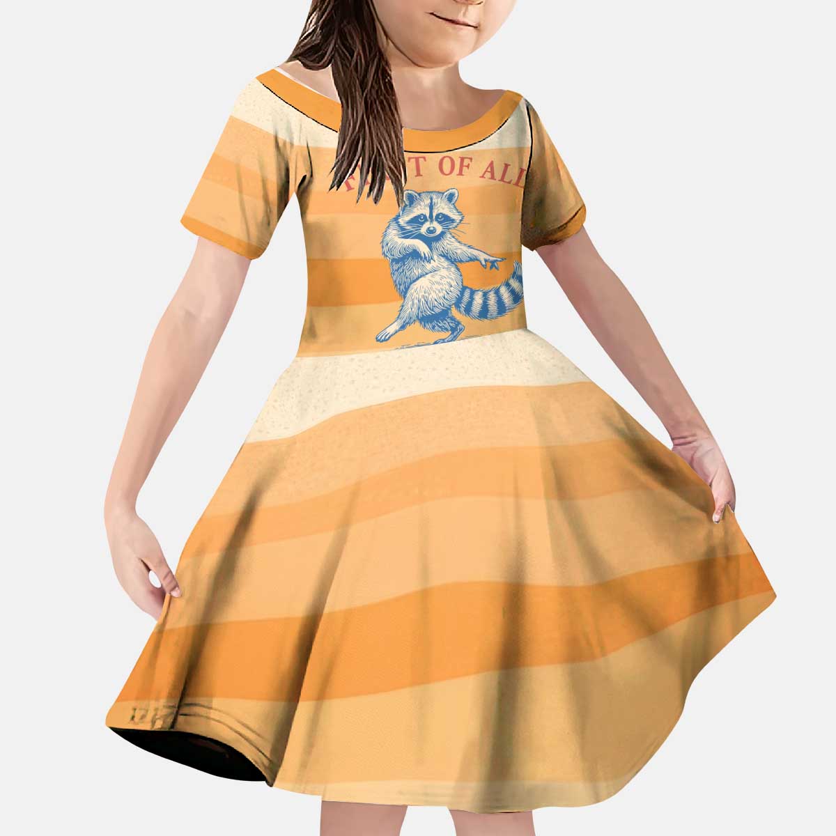 First Of All Raccoon Humor Kid Short Sleeve Dress with Vintage Orange Stripes