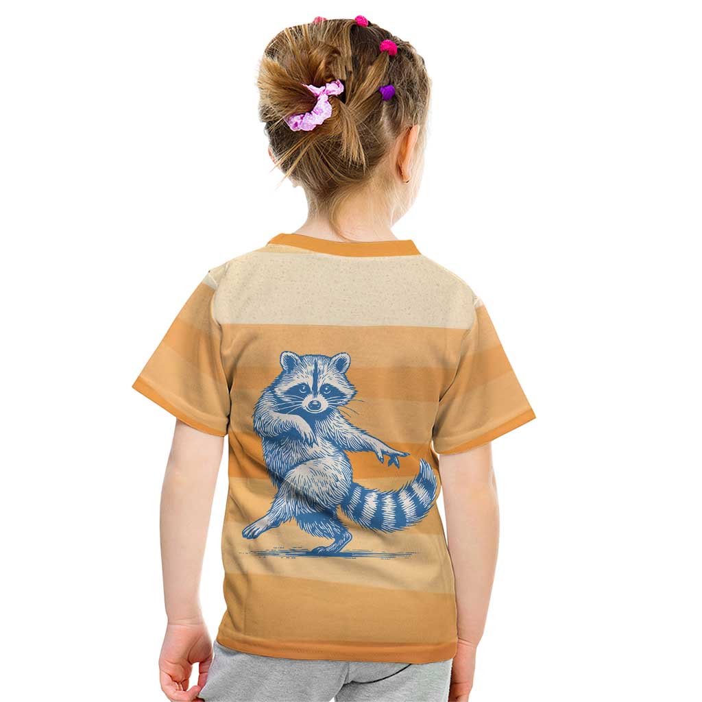 First Of All Raccoon Humor Kid T Shirt with Vintage Orange Stripes