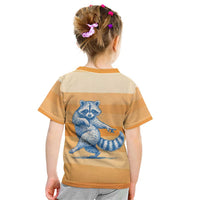 First Of All Raccoon Humor Kid T Shirt with Vintage Orange Stripes