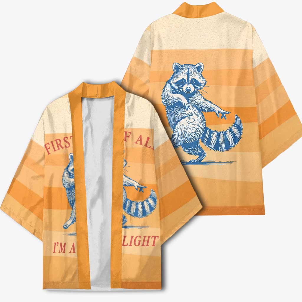 First Of All Raccoon Humor Kimono with Vintage Orange Stripes