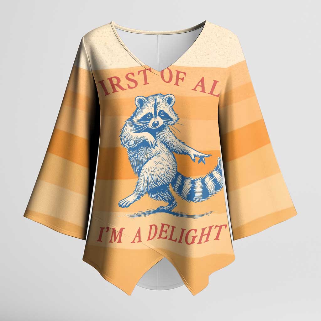 First Of All Raccoon Humor Kimono Sleeve Blouse with Vintage Orange Stripes