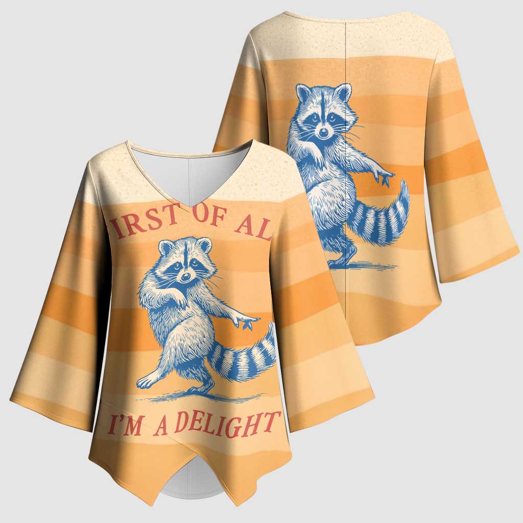 First Of All Raccoon Humor Kimono Sleeve Blouse with Vintage Orange Stripes