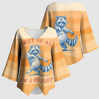 First Of All Raccoon Humor Kimono Sleeve Blouse with Vintage Orange Stripes