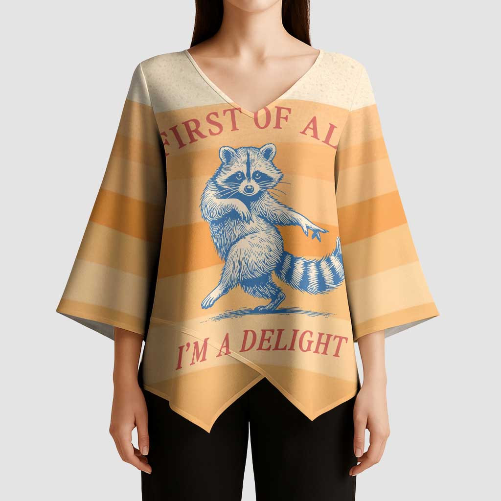 First Of All Raccoon Humor Kimono Sleeve Blouse with Vintage Orange Stripes