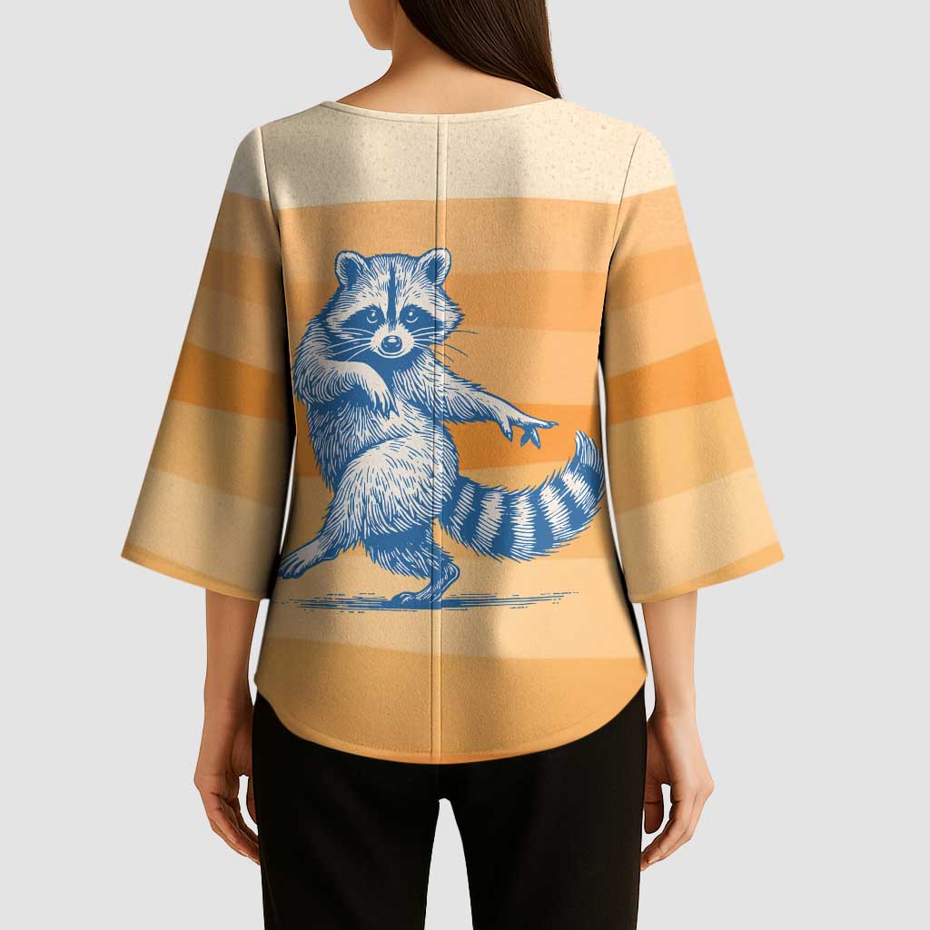 First Of All Raccoon Humor Kimono Sleeve Blouse with Vintage Orange Stripes