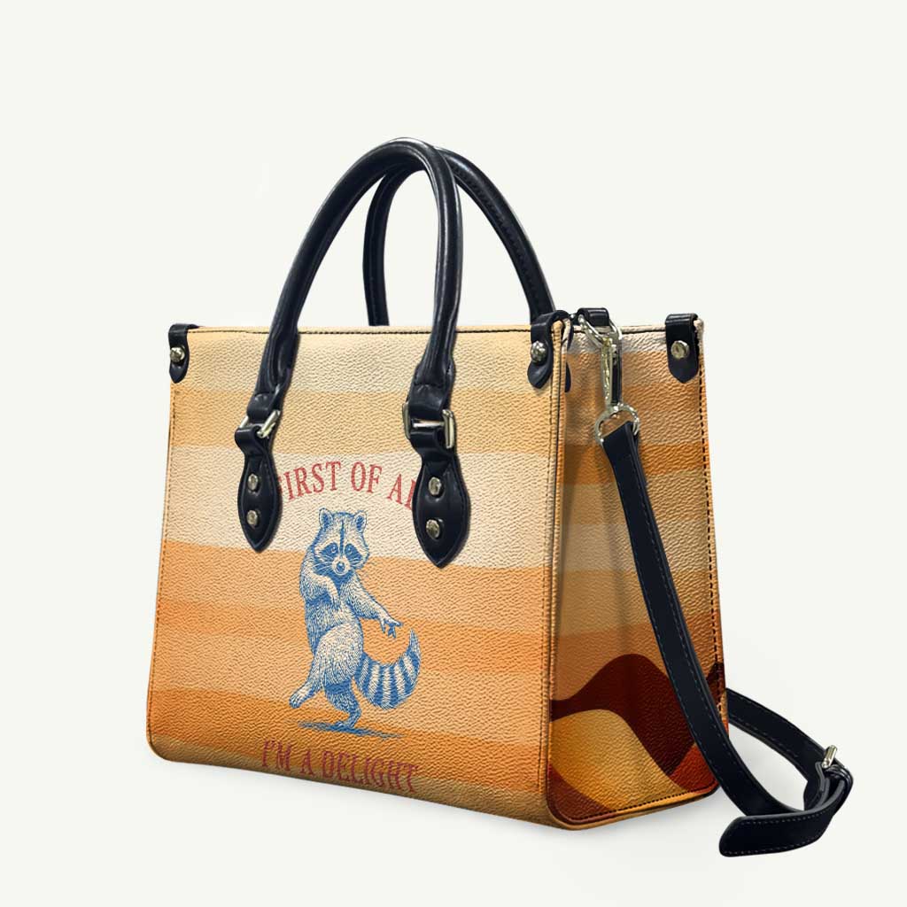 First Of All Raccoon Humor Leather Bag with Vintage Orange Stripes