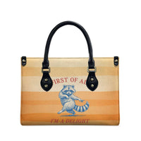 First Of All Raccoon Humor Leather Bag with Vintage Orange Stripes