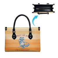 First Of All Raccoon Humor Leather Bag with Vintage Orange Stripes